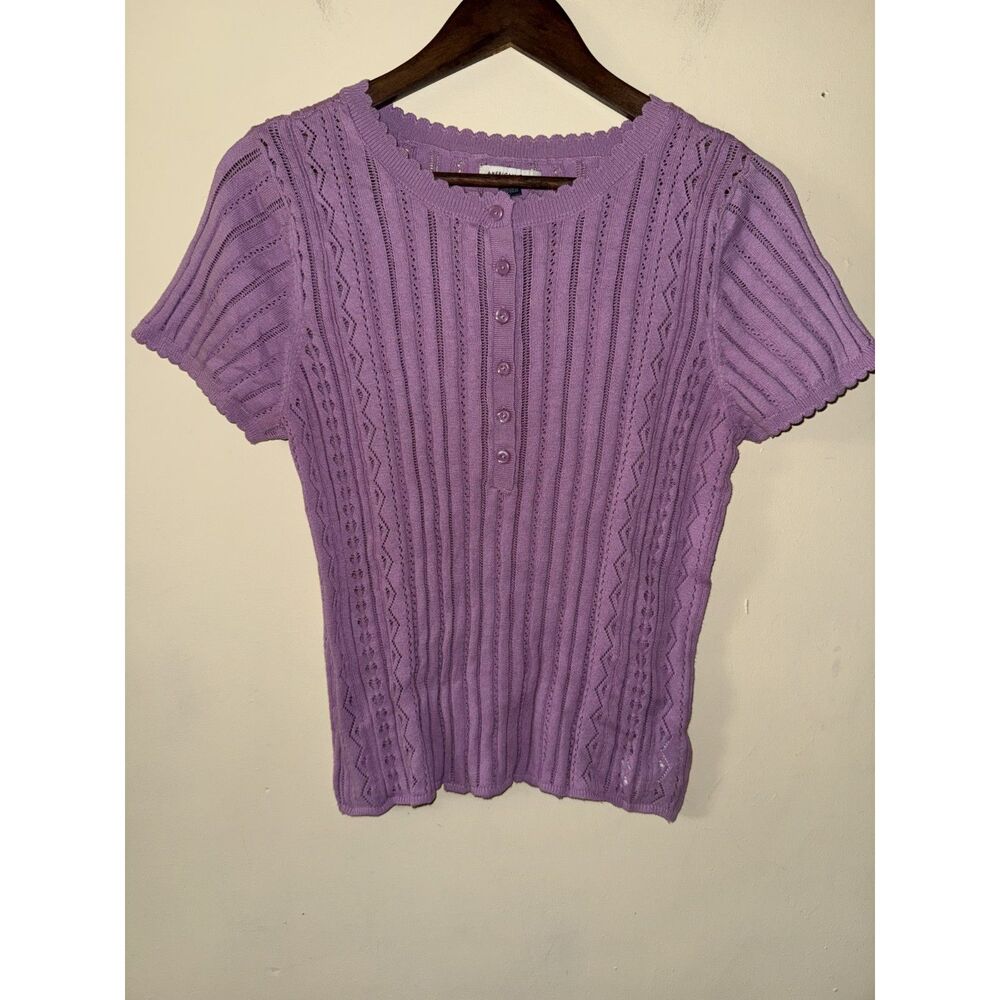 American Eagle Purple Short Sleeve Pointelle Henley Knit Sweater Top Large